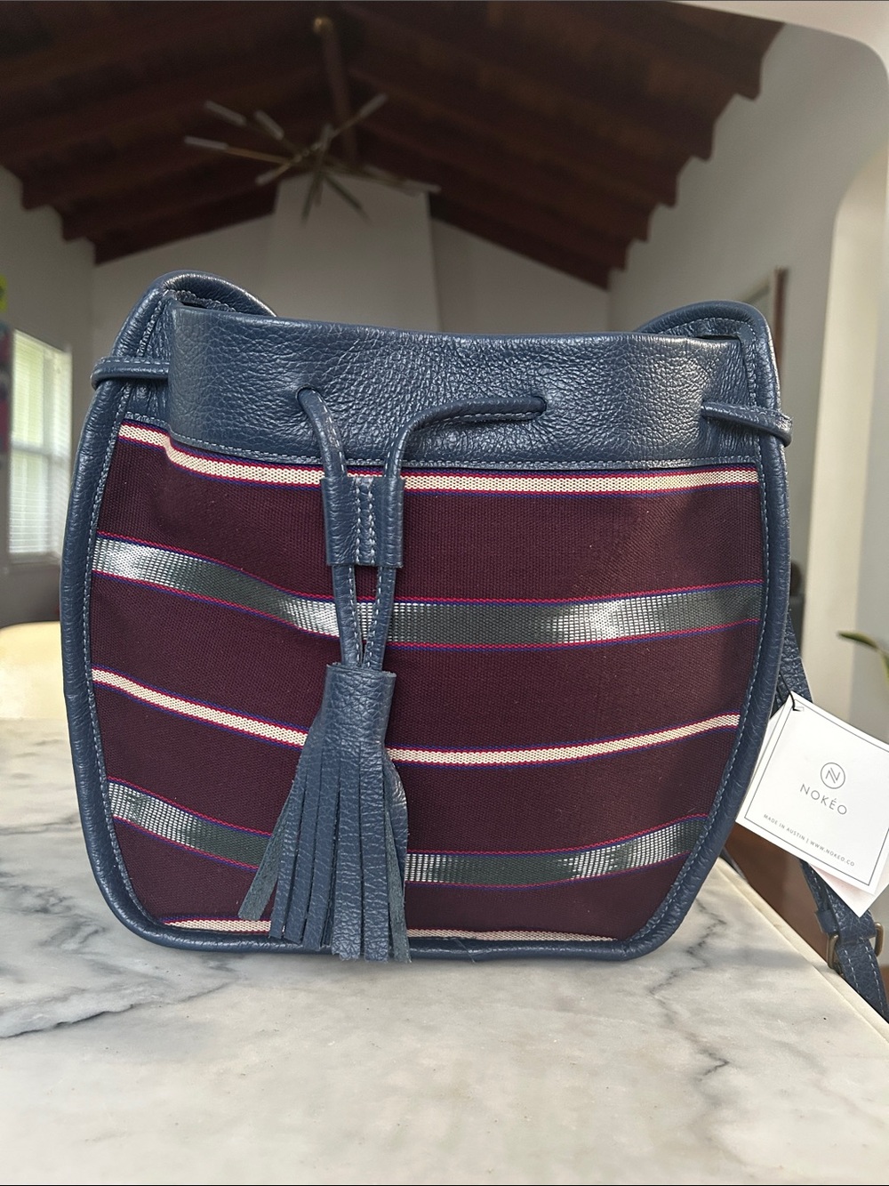 Nokeo Navy Leather & Burgundy Textile Bucket Bag
